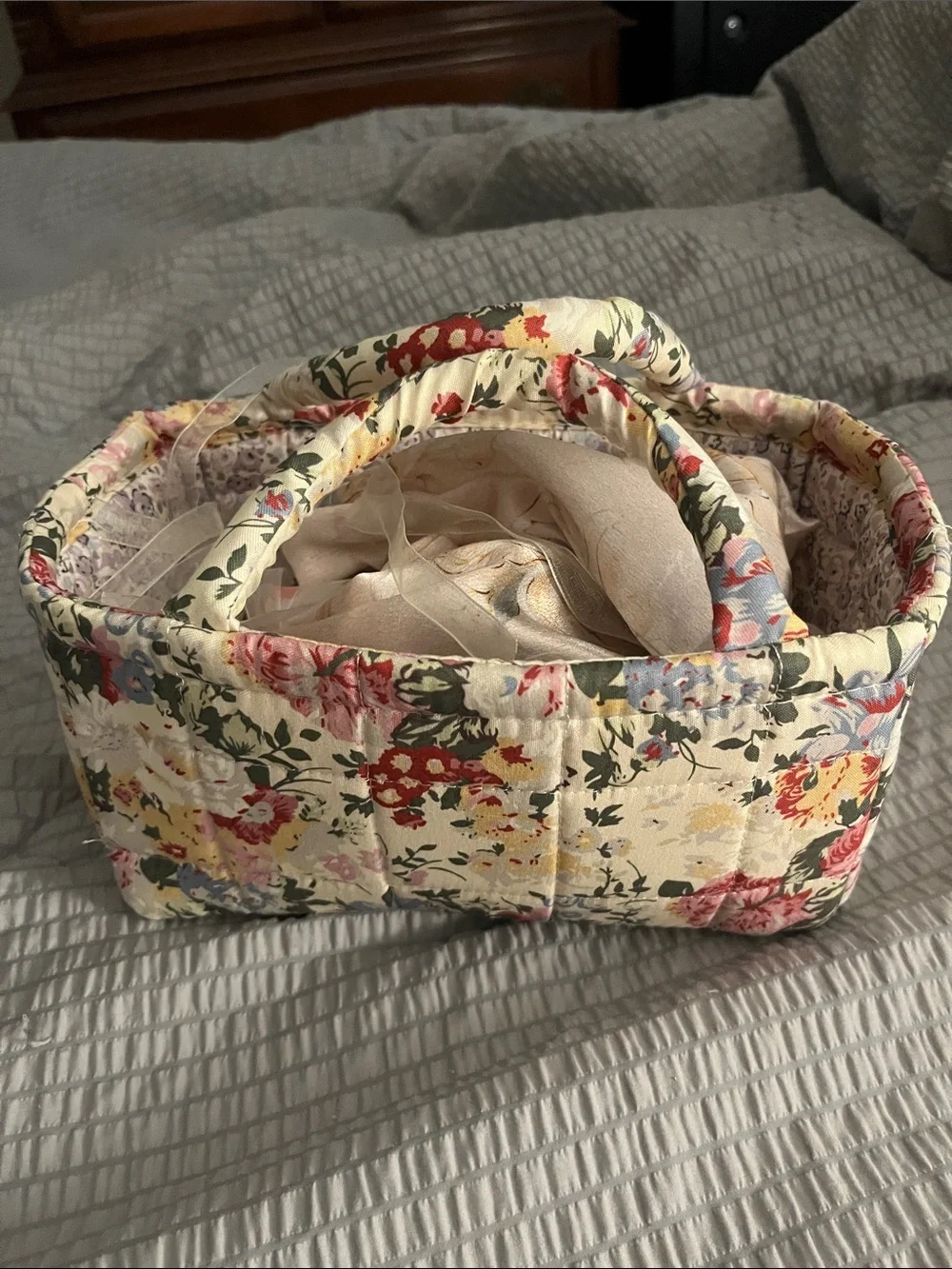 Floral Fabric Storage Basket Organizer Caddy w/ Handles Nursery Craft Bin NWOT